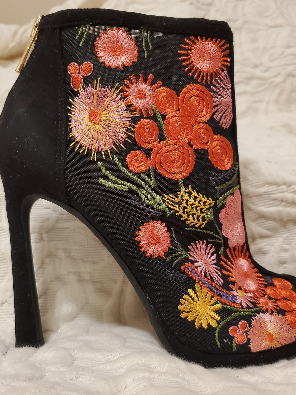 Jessica Simpson Black Ankle Boots with Orange & Pink Floral Embroidery